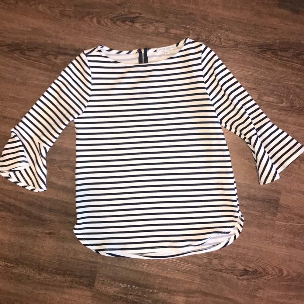 Black and white blouse with 3/4 bell sleeves